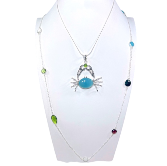 Natural Blue Chalcedony Crab 925 Pendant & Multi Stone Delicate Necklace 36” - Picture 1 of 13